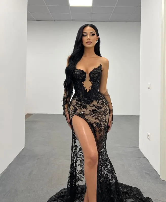 Black Lace Long Prom Dress with High Slit Gown Gloves Design