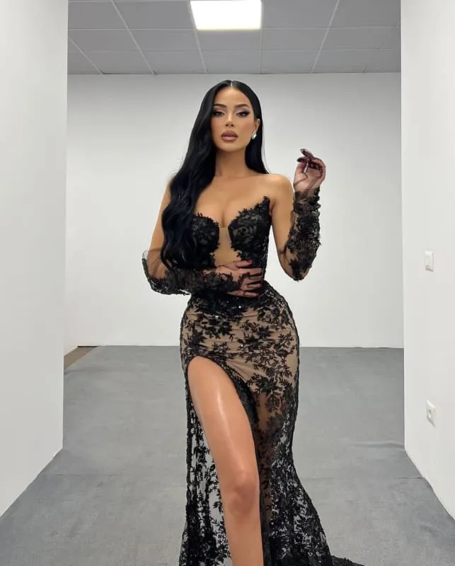 Black Lace Long Prom Dress with High Slit Gown Gloves Design