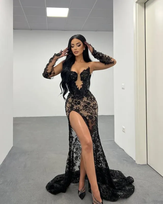 Black Lace Long Prom Dress with High Slit Gown Gloves Design