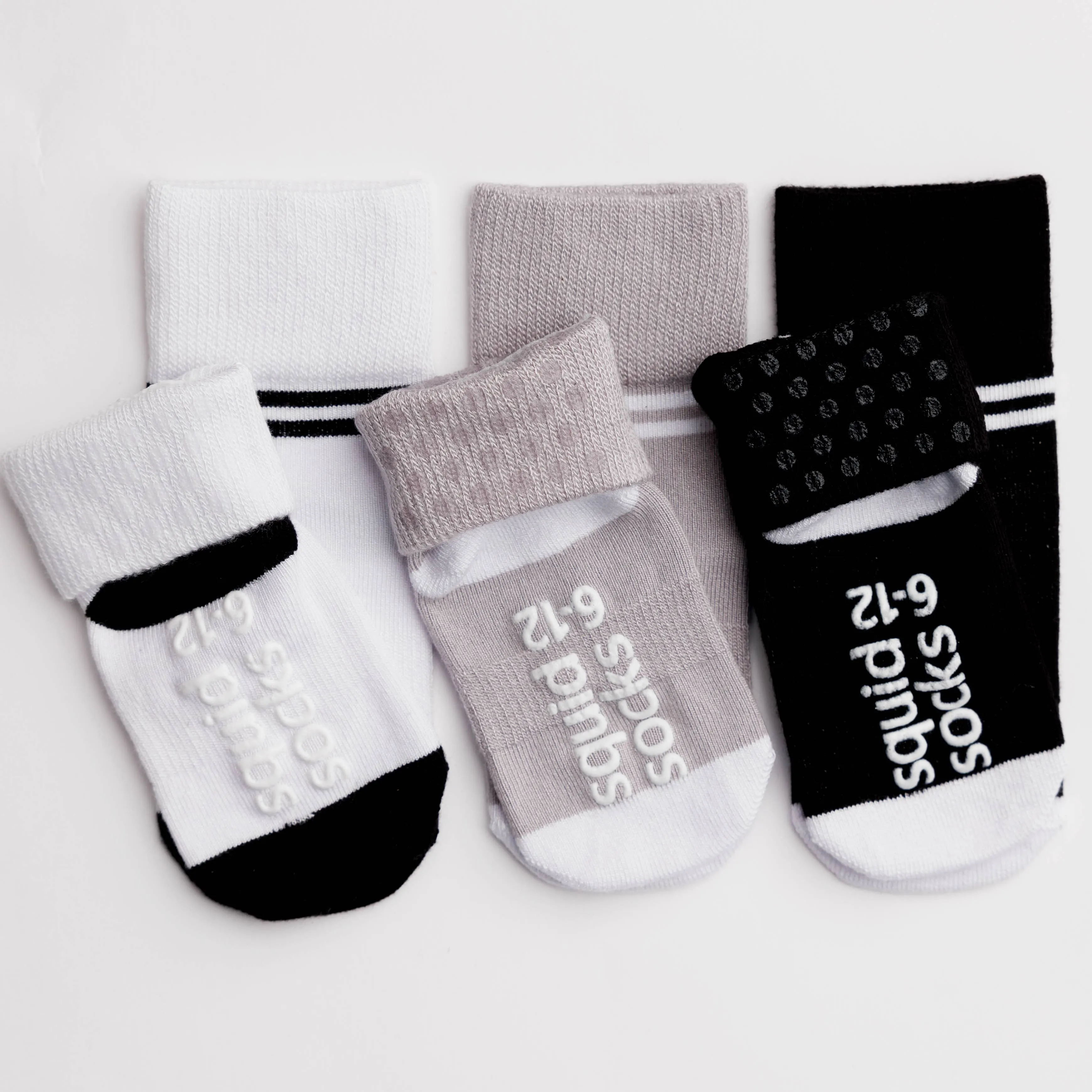 City - Non-Slip Baby Socks - Black, Grey, White with Stripes