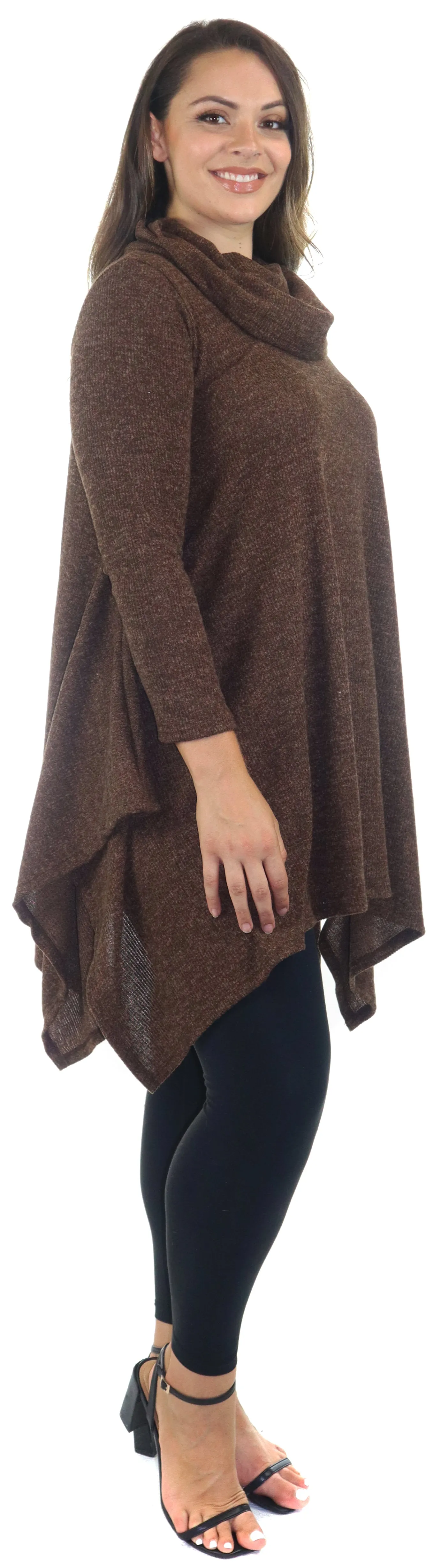 Cowl Neck Cozy Asymmetrical Hem Tunic Outerwear Sweater for Chilly Weather, Flared Hemline, Made in USA, Available in Regular and Plus Sizes