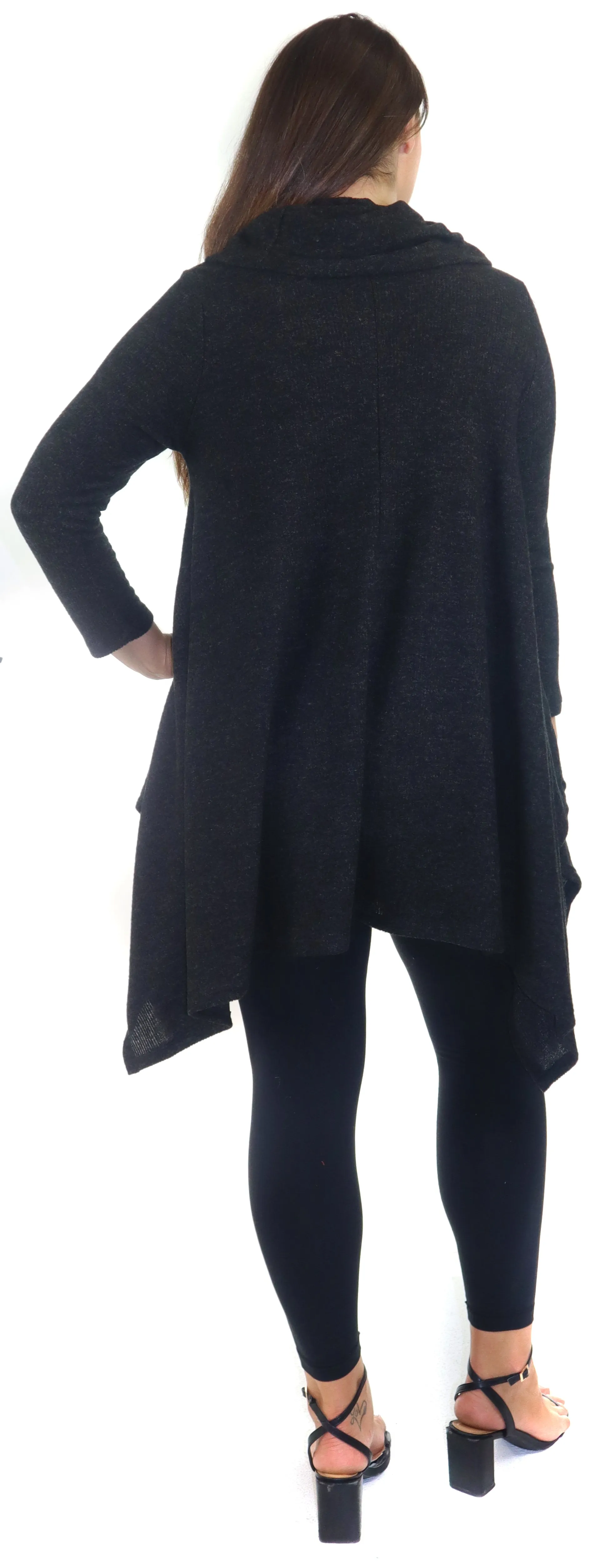 Cowl Neck Cozy Asymmetrical Hem Tunic Outerwear Sweater for Chilly Weather, Flared Hemline, Made in USA, Available in Regular and Plus Sizes