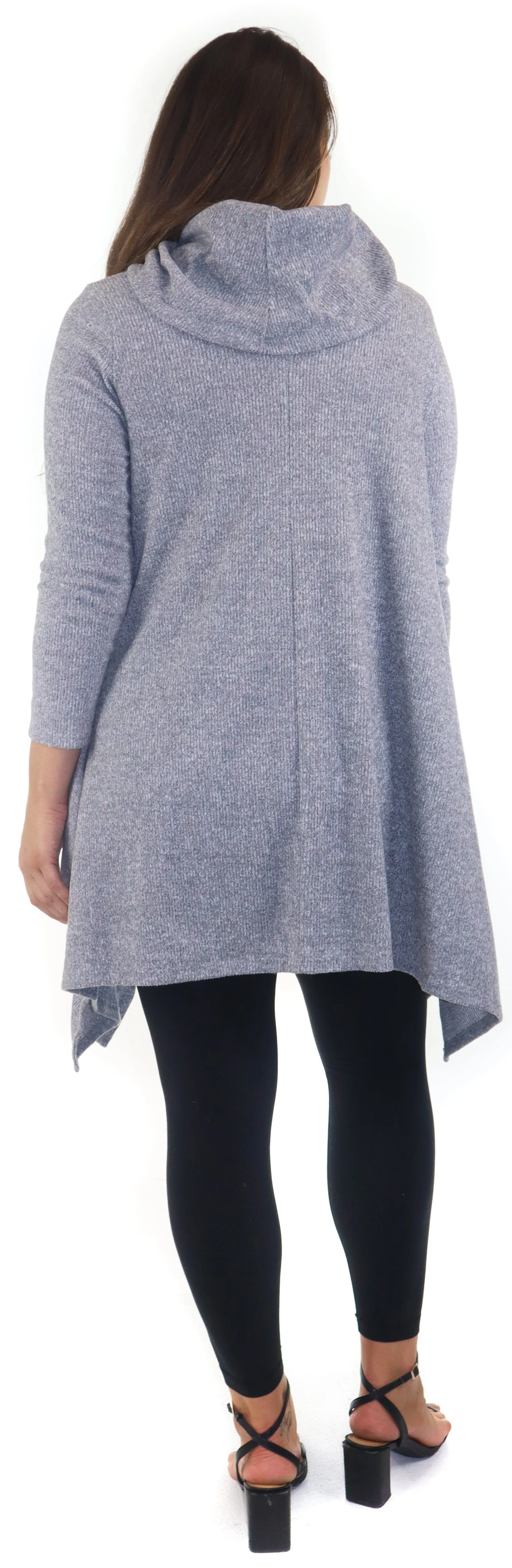 Cowl Neck Cozy Asymmetrical Hem Tunic Outerwear Sweater for Chilly Weather, Flared Hemline, Made in USA, Available in Regular and Plus Sizes