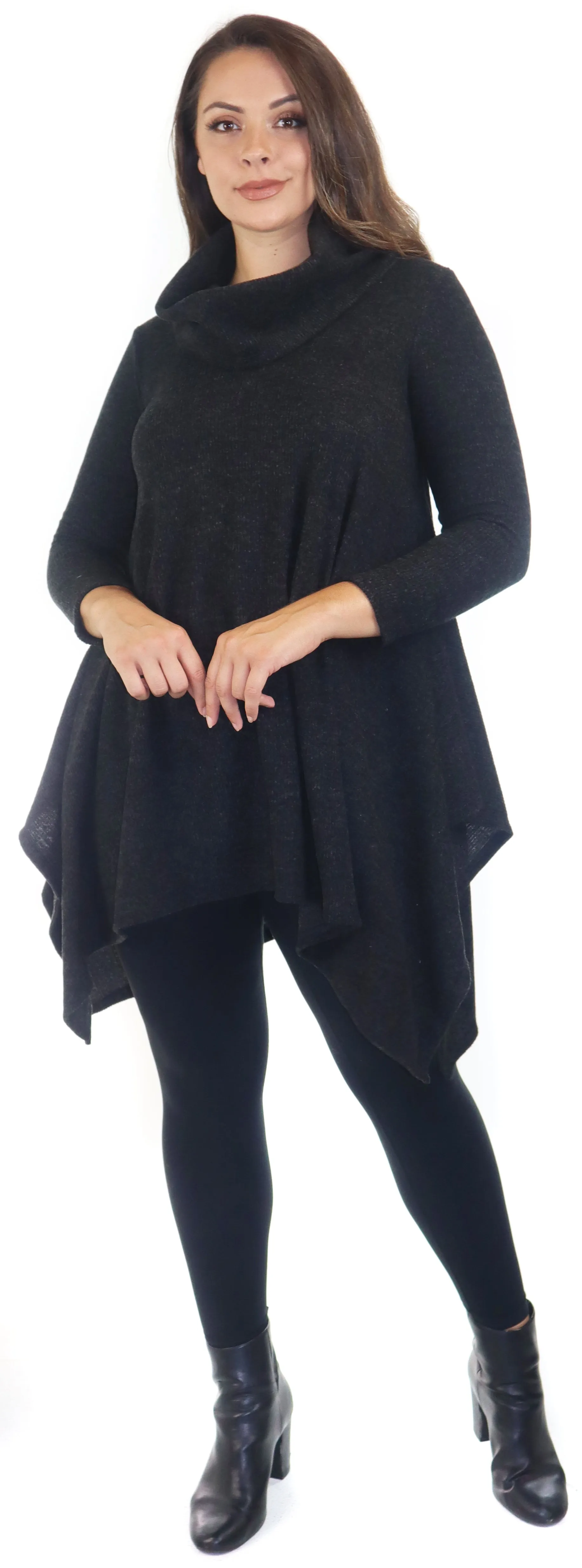 Cowl Neck Cozy Asymmetrical Hem Tunic Outerwear Sweater for Chilly Weather, Flared Hemline, Made in USA, Available in Regular and Plus Sizes