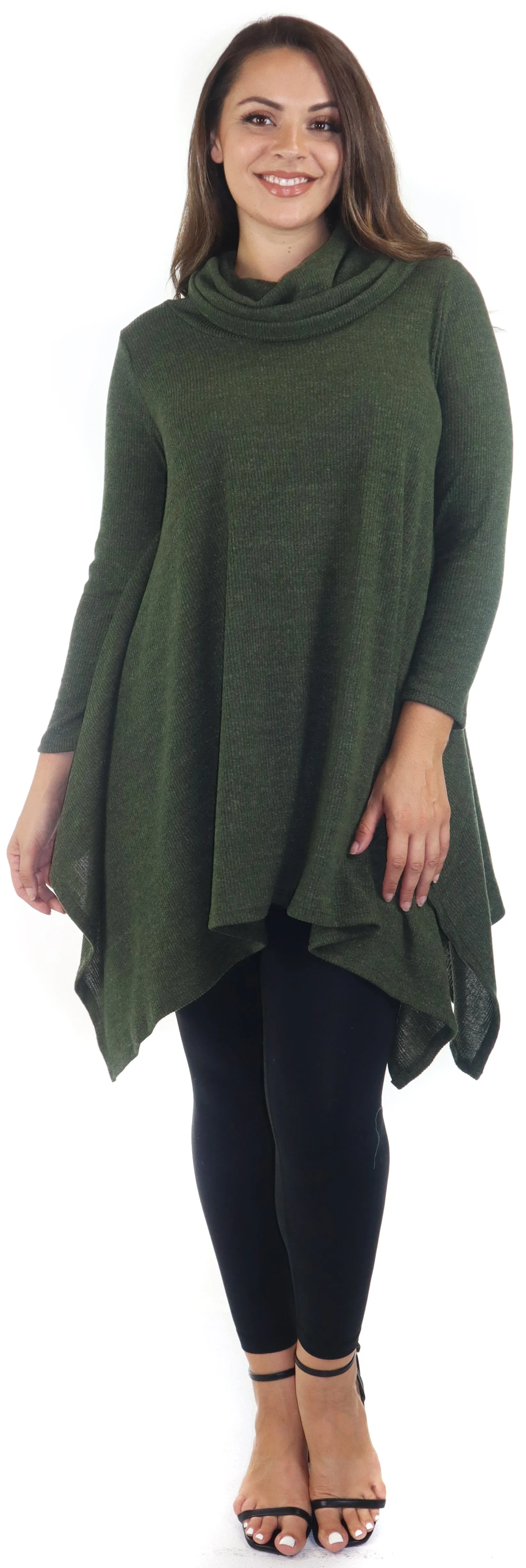 Cowl Neck Cozy Asymmetrical Hem Tunic Outerwear Sweater for Chilly Weather, Flared Hemline, Made in USA, Available in Regular and Plus Sizes