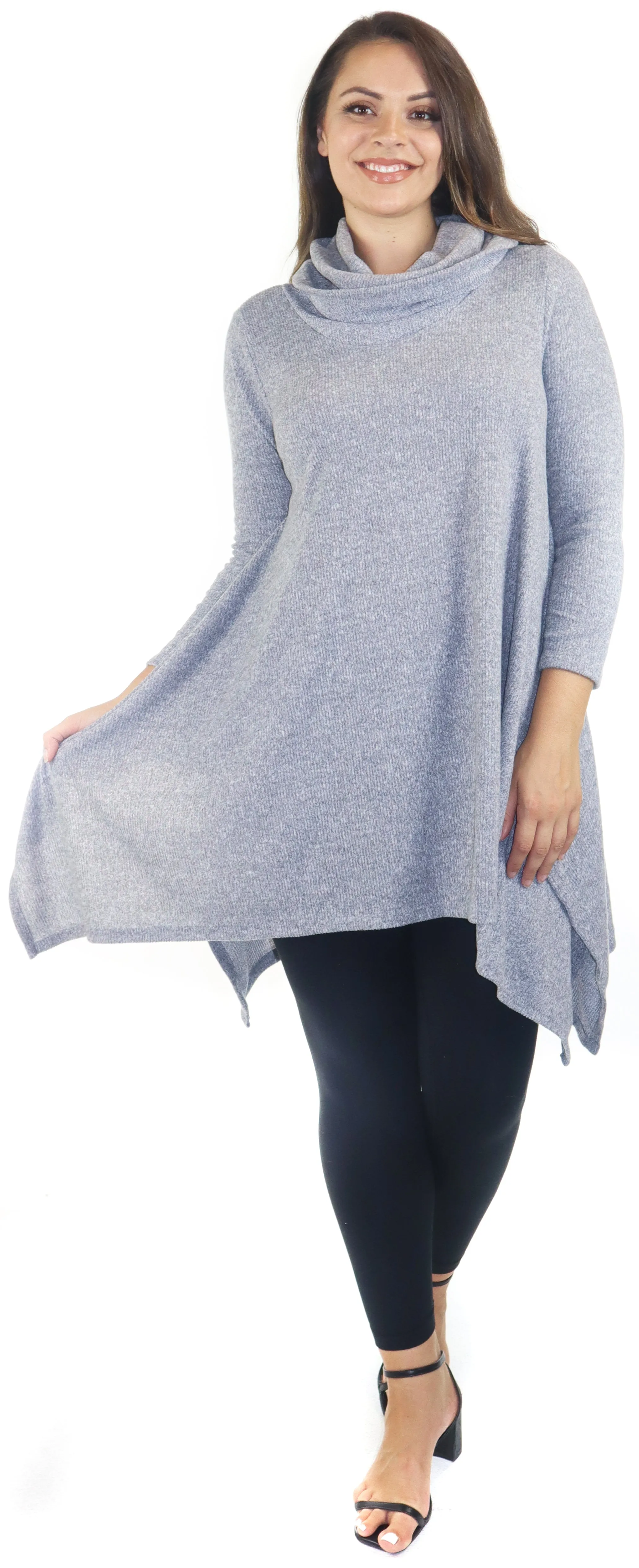 Cowl Neck Cozy Asymmetrical Hem Tunic Outerwear Sweater for Chilly Weather, Flared Hemline, Made in USA, Available in Regular and Plus Sizes