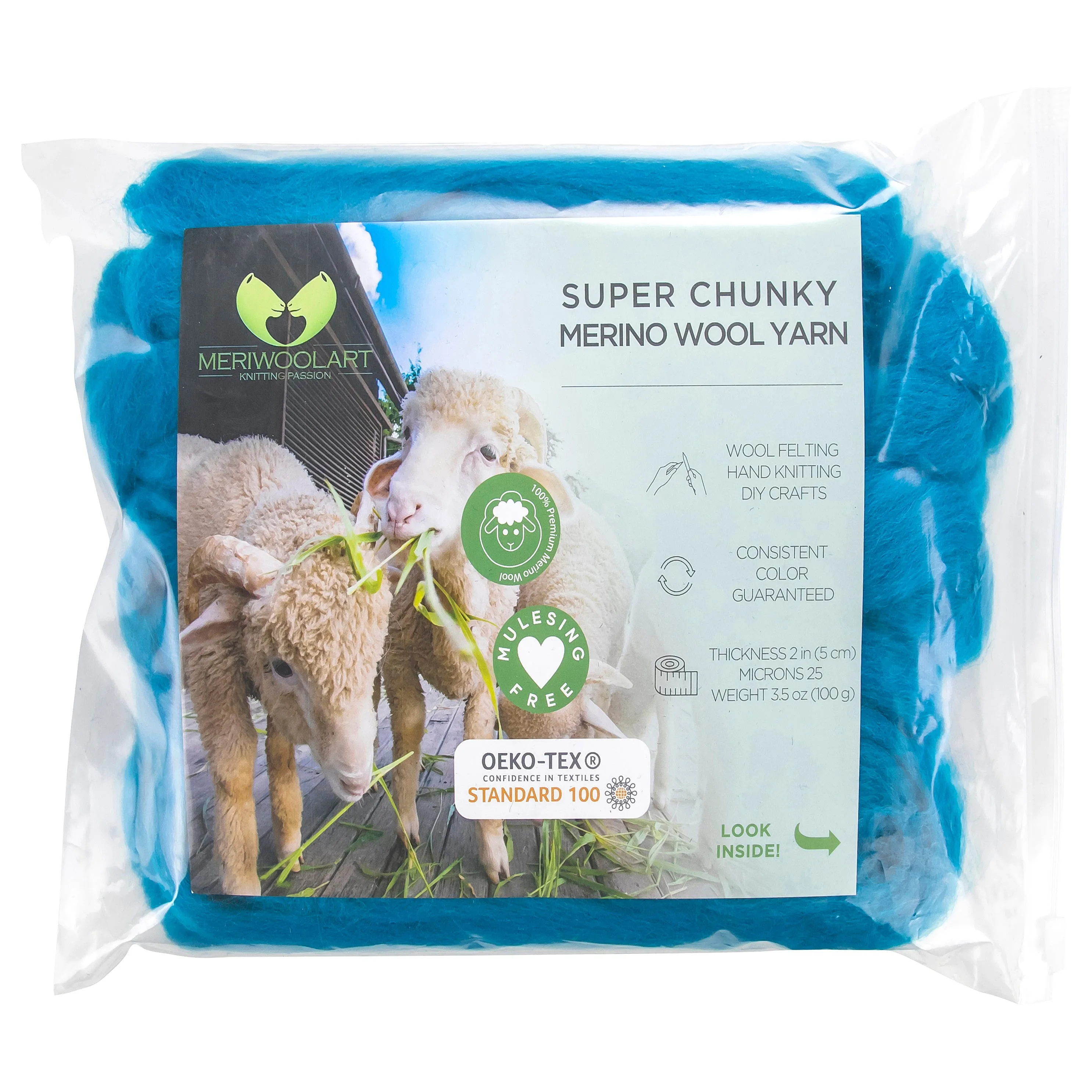 TURQUOISE SUPER CHUNKY MERINO WOOL 4-5 CM, 25 MICRONS